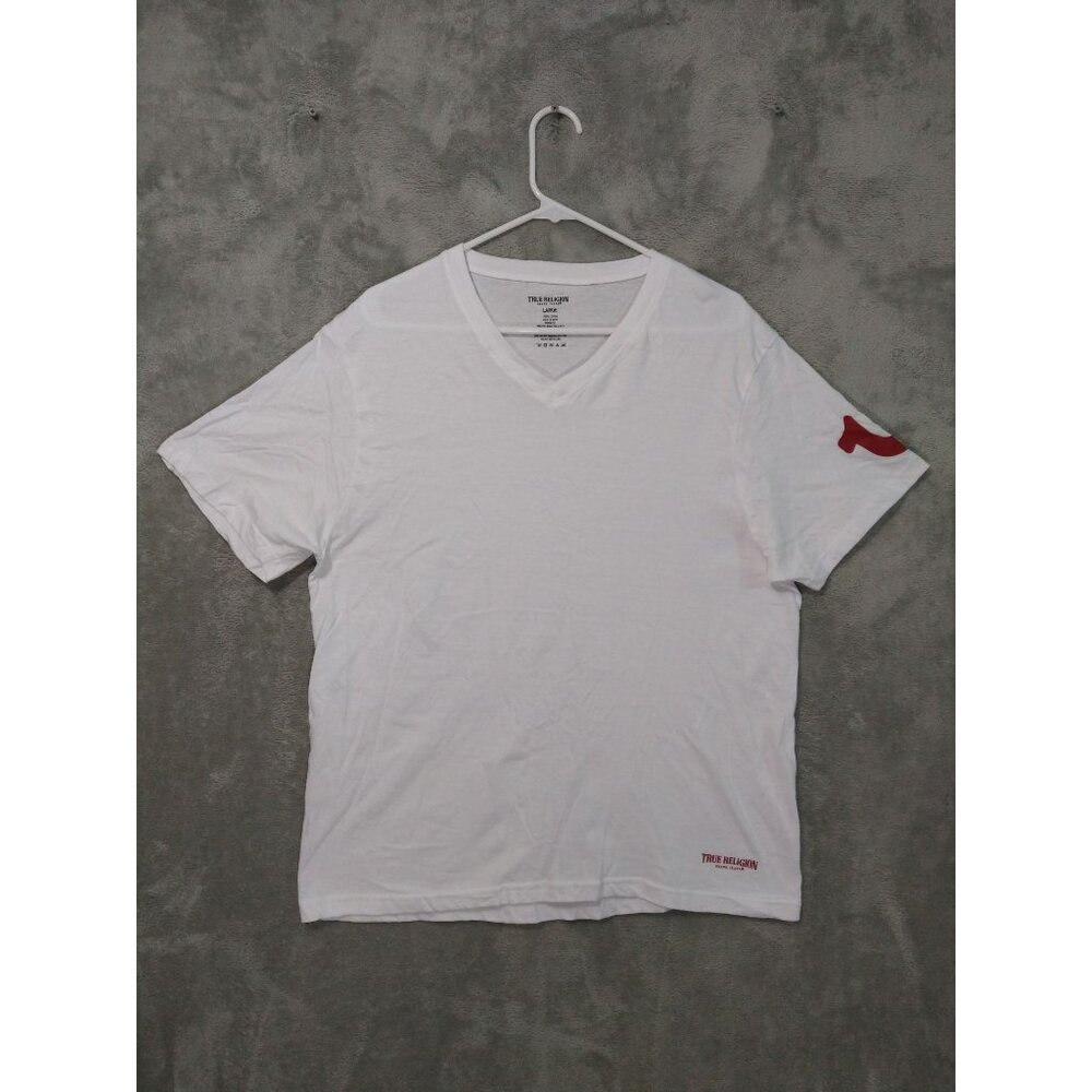 True Religion Shirt Mens Large White Short Sleeve V Neck Cotton Logo Casual